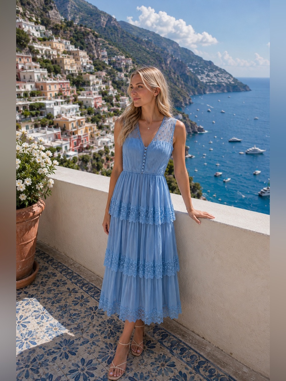 Self-Portrait Sky Blue Tiered Lace Midi Dress size 2